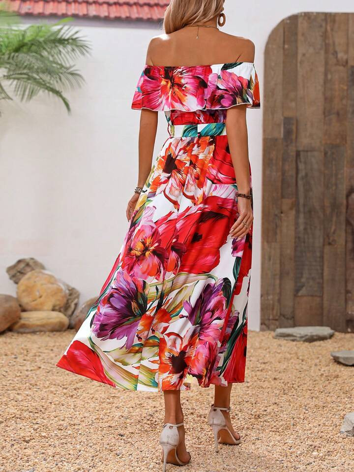 SHEIN Holidaya Women Vacation Style Floral Print Off Shoulder Dress With Ruffle Hem And Side Slit... | SHEIN