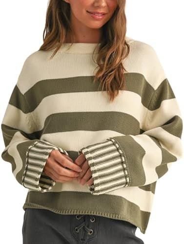 Esmeling Women's Casual Loose Striped Sweater Fall Long Sleeve Crew Neck Knitted Pullover Tops | Amazon (US)