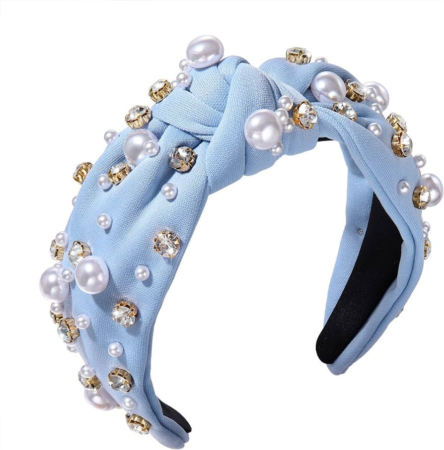 Pearl Knotted Headband for Women White Pearl Rhinestone Crystal Jeweled Embellished Hairband Fash... | Amazon (US)