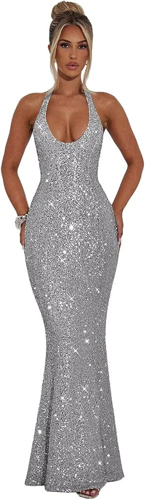 POMUYOO Halter Sequin Prom Dresses for Women Sparkly Corset Mermaid Formal Evening Cocktail Party Gowns Long | Amazon (US)