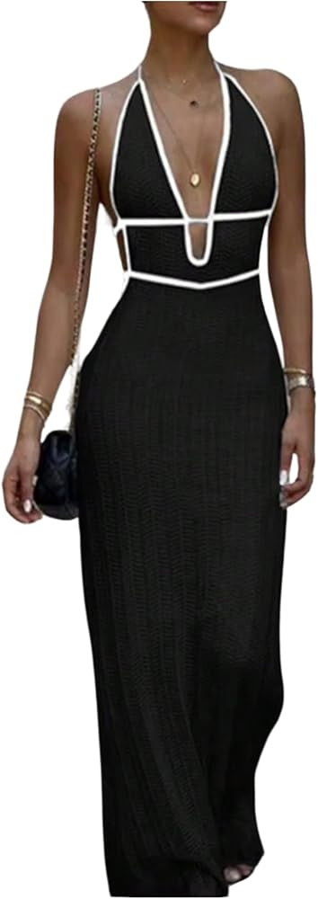 GORGLITTER Women's Deep V Halter Knit Boho Maxi Dress Backless Crochet Birthday Fall Wedding Gues... | Amazon (US)