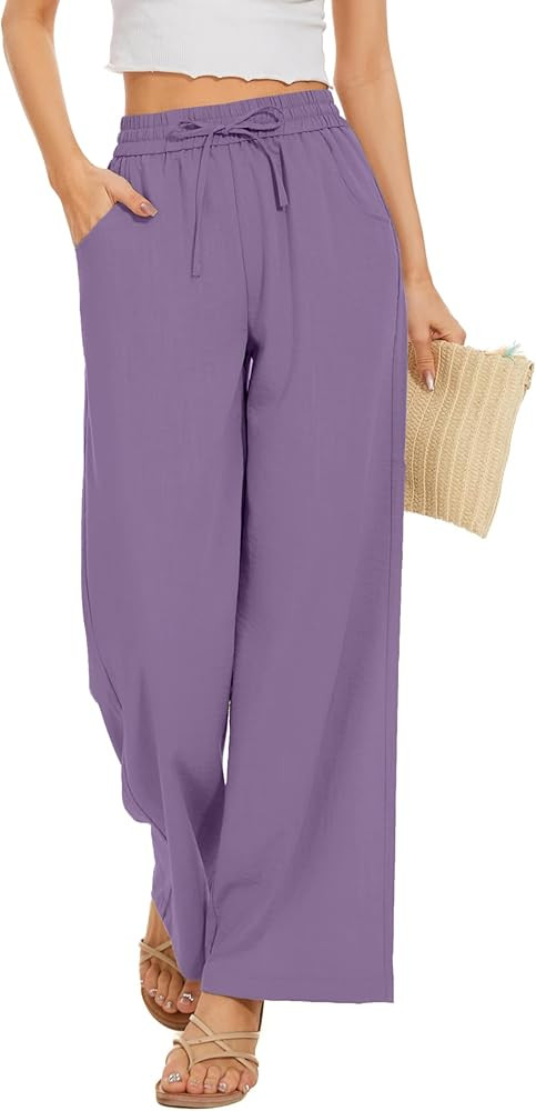 Women Flowy Pants Drawstring Waist Wide Leg Palazzo Beach Pants Loose Fit with Pockets | Amazon (US)