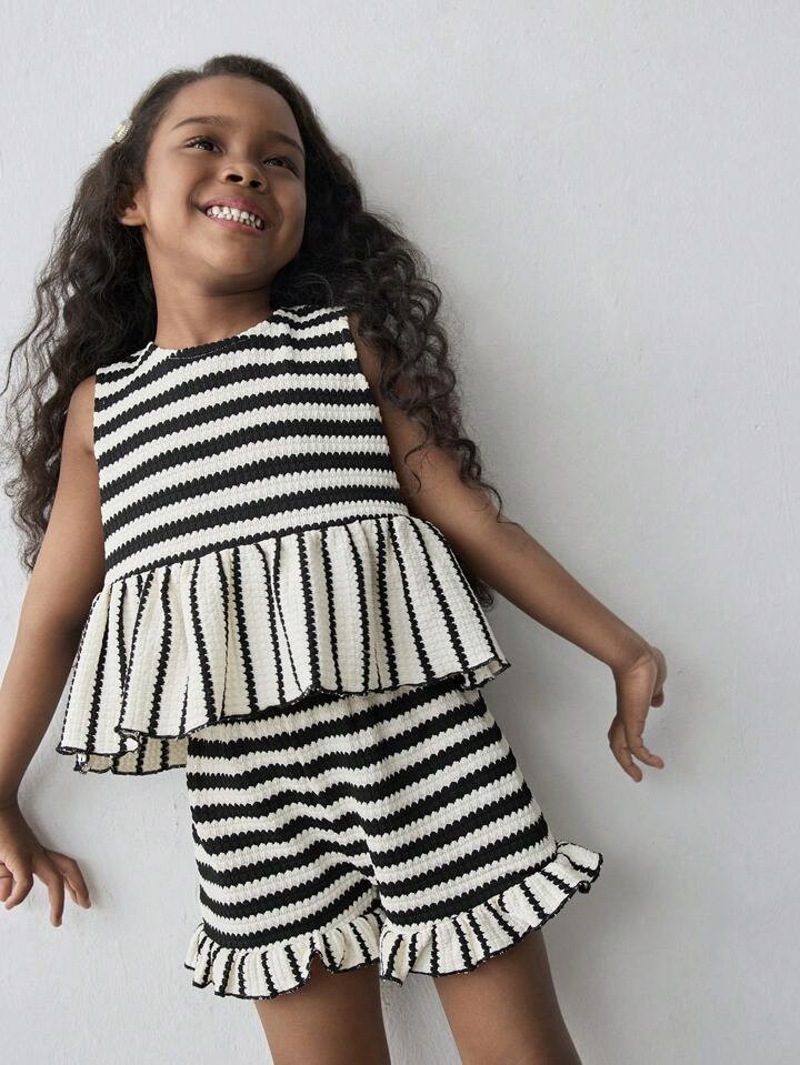 Maija Kids Maija Kids 2pcs/Set Girl Patchwork Striped Camisole & Shorts Set Toddler Girl Two Piece Set Two Piece Set For Girls Summer Two Piece Set For Girls Kids Girl Striped Two Piece Set Girls Black And White Striped Set | SHEIN