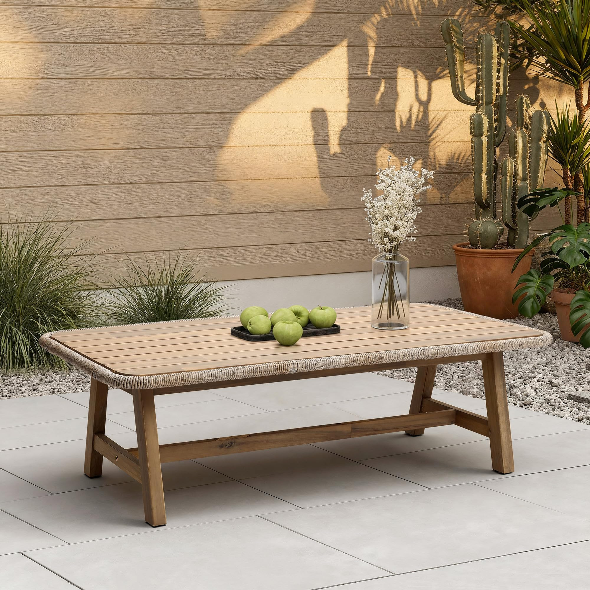 LuxenHome 47" Outdoor Coffee Table for Patio, Acacia Wood Patio Table with Woven Trim, Rectangula... | Amazon (US)