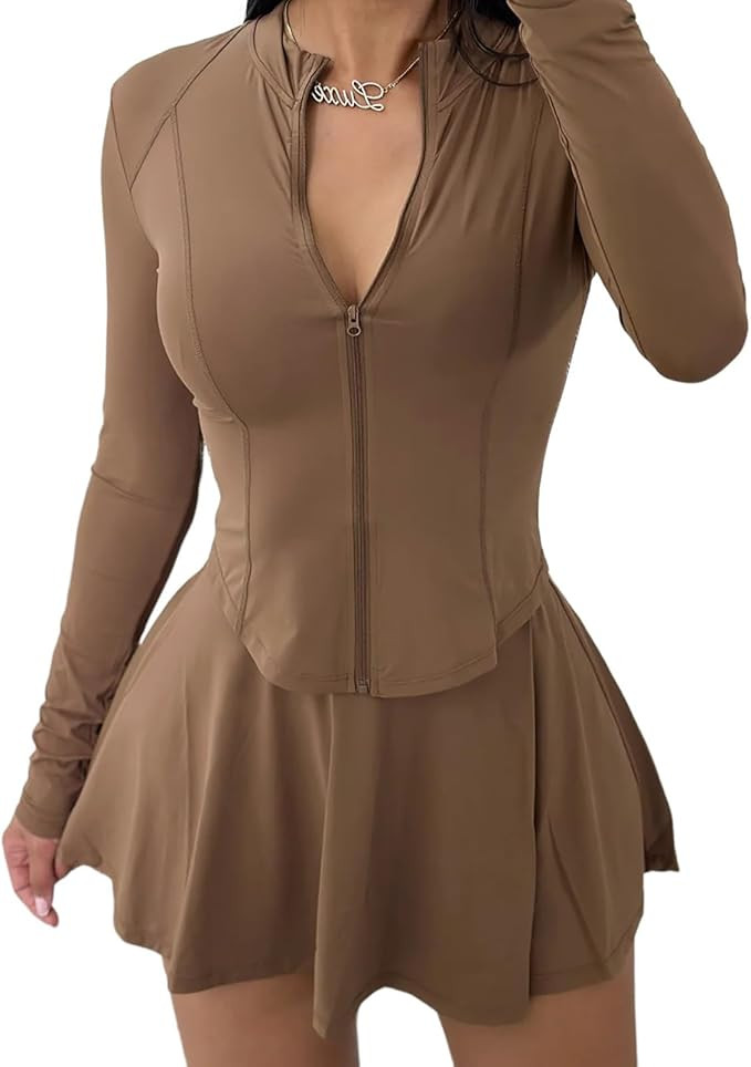 Vssjavun Women 2 Piece Mini Skirt Sets with Long Sleeve Zipper Workout Jacket Sweatsuit Tracksuit... | Amazon (US)