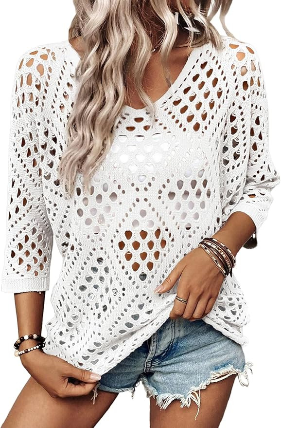 SHEWIN Womens Summer Tops Hollow Out Beach Crochet Cover Ups V Neck 3/4 Sleeve Pullover Sweater S... | Amazon (US)