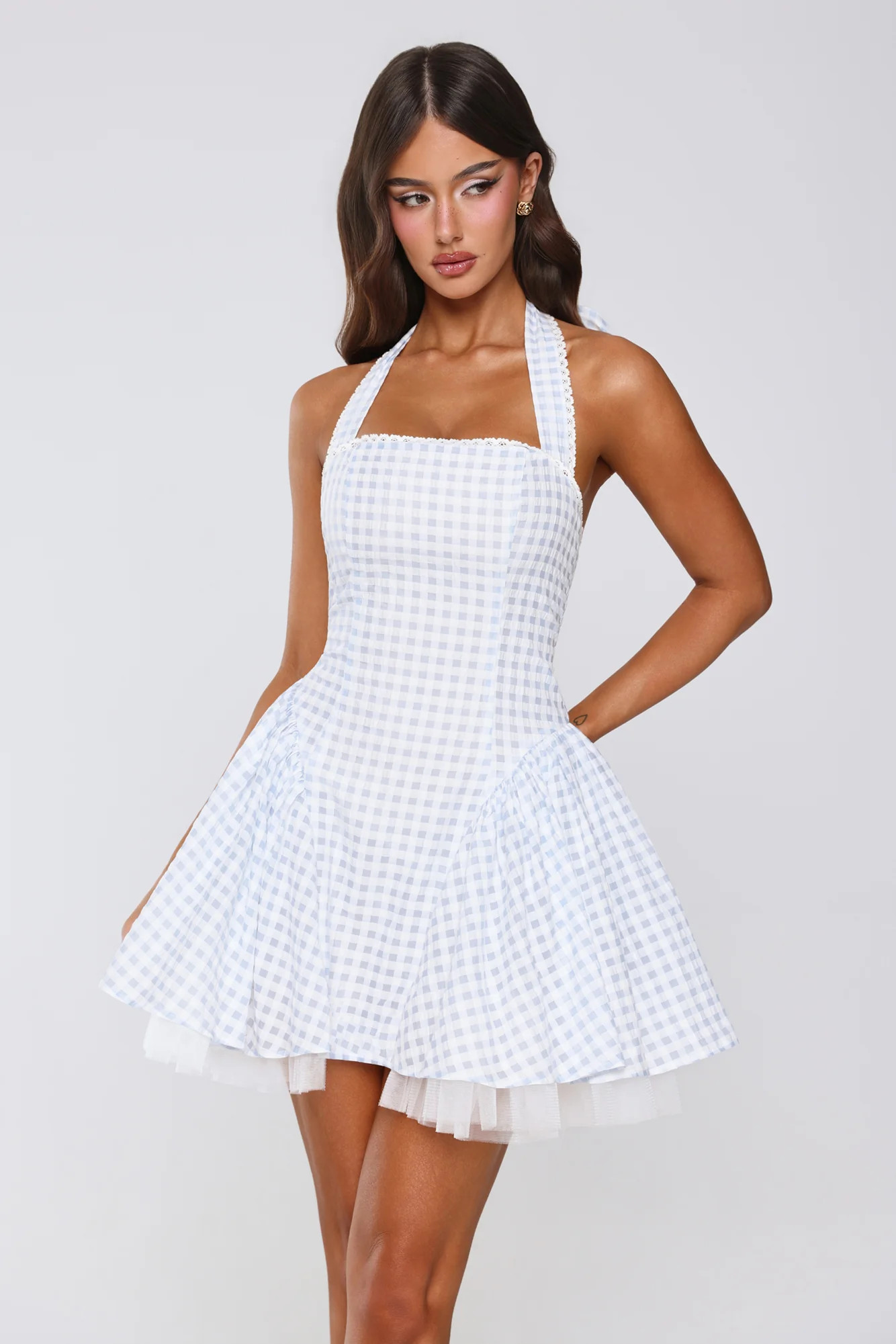 Enchanted Lily Gingham Halter Mini Dress Blue | Hello Molly (US)