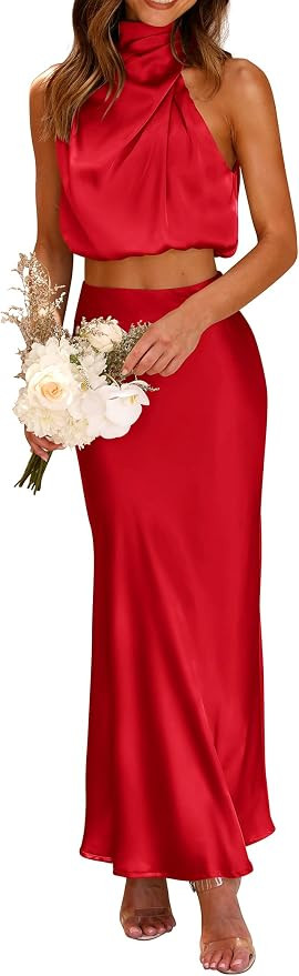 PRETTYGARDEN Women's 2 Piece Satin Outfits Summer Sleeveless Mock Neck Crop Tops And Long Skirt D... | Amazon (US)