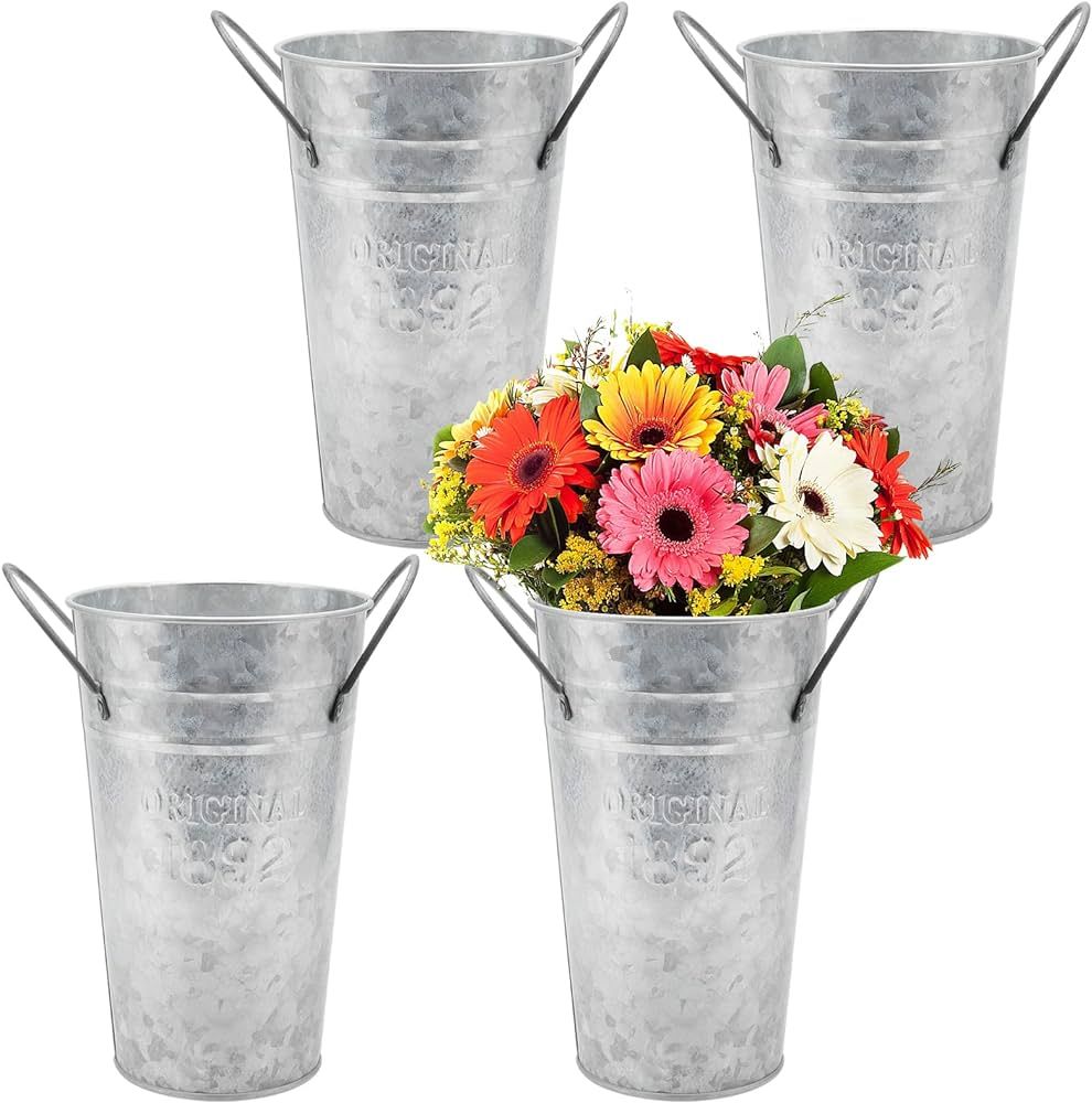 4 Pack 8 Inch Galvanized Metal Vase, Small Galvanized Metal Bucket Vintage Farmhouse Bucket | Amazon (US)