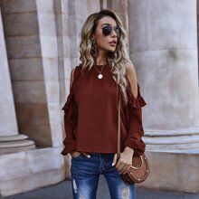 Solid Ruffle Trim Cold Shoulder Blouse | SHEIN