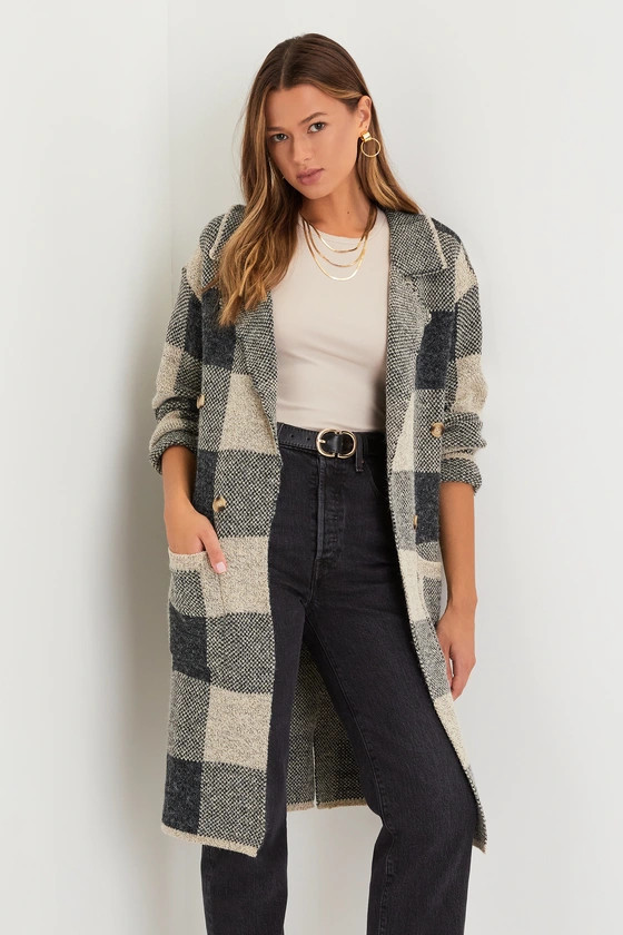 Cuddle Club Beige and Black Plaid Long Sleeve Coatigan | Lulus (US)