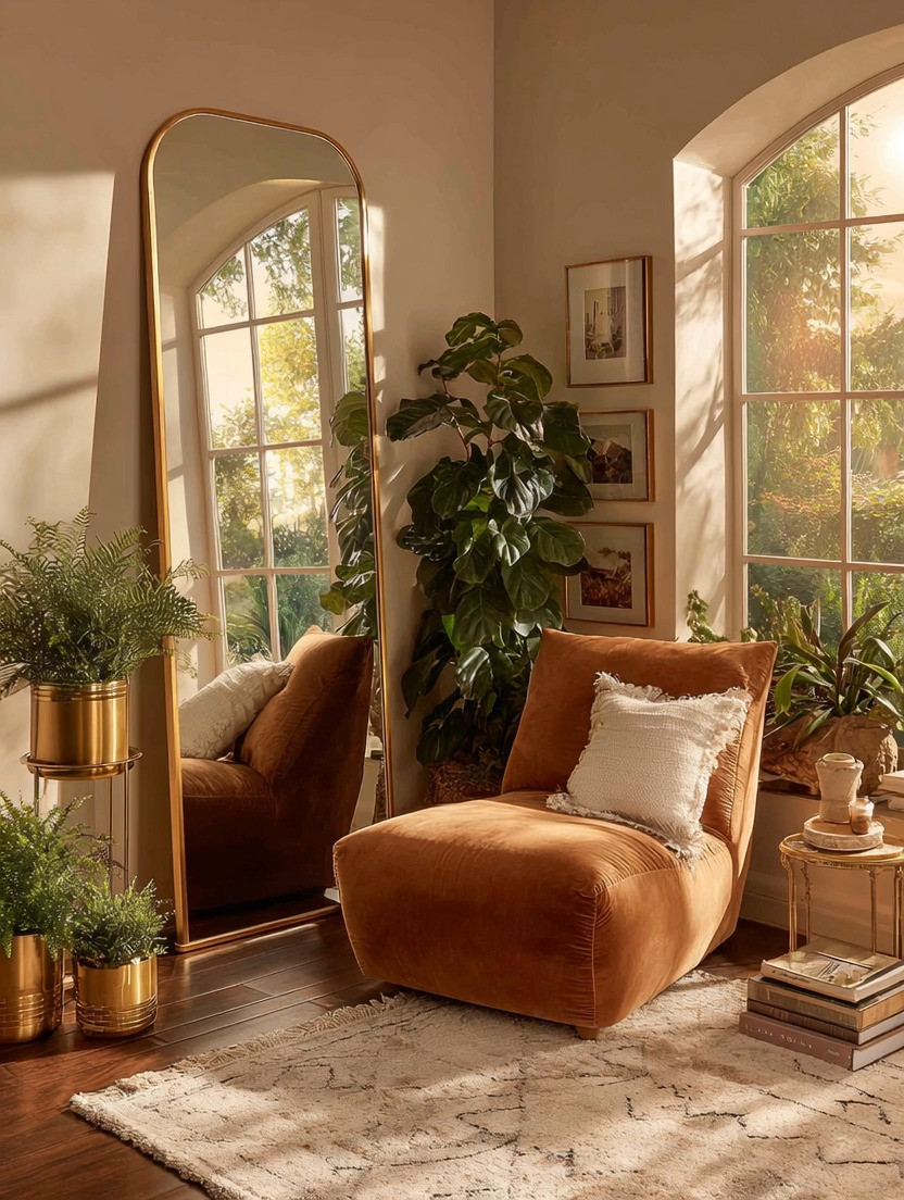 Create a simple yet beautifully curated cozy corner by layering soft taupe tones, warm gold accents, and natural greenery.
A plush taupe lounge chair anchors the space, offering comfort without overpowering the room. Paired with a gold-framed mirror, the area instantly feels brighter and warmer, reflecting natural light and creating a sense of openness. Gold planters filled with lush greenery add life and balance, softening the space and bringing an organic element into the design.

Complete the look with a small, elegant side table—perfect for holding your favorite books, a cup of coffee, or a quiet afternoon ritual. The combination of neutral upholstery, warm metallics, and layered plants creates a calm, intentional atmosphere that feels inviting and effortlessly refined.

This is the essence of a well-designed reading nook: understated, cozy, and thoughtfully styled. A space designed not to impress, but to be lived in—where comfort and beauty exist in perfect balance.

#CozyCorner #ReadingNookStyle #QuietLuxuryLiving 

 #LTKHome