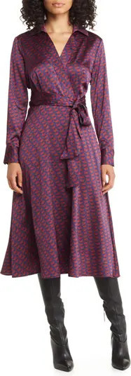 TAHARI ASL Geo Print Long Sleeve Hammered Satin Midi Shirtdress | Nordstrom | Nordstrom