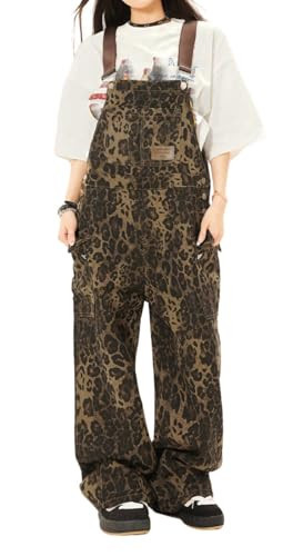 utcoco Women 2025 Fahsion Leopard Denim Bib Overalls Adjustable Straps Wide Leg Jeans Jumpsuits Rompers with Pockets (X-Small, Leopard) | Amazon (US)