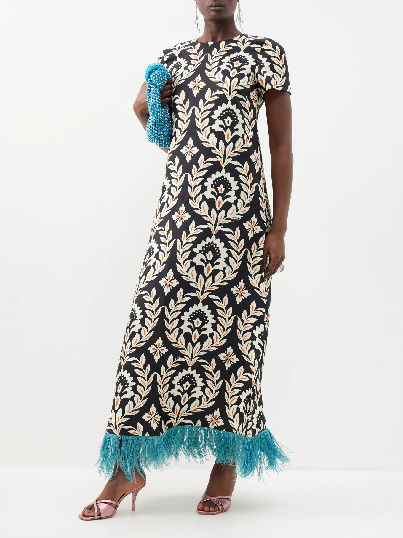 Feather-trim printed silk-twill maxi dress | La DoubleJ | Matches (US)