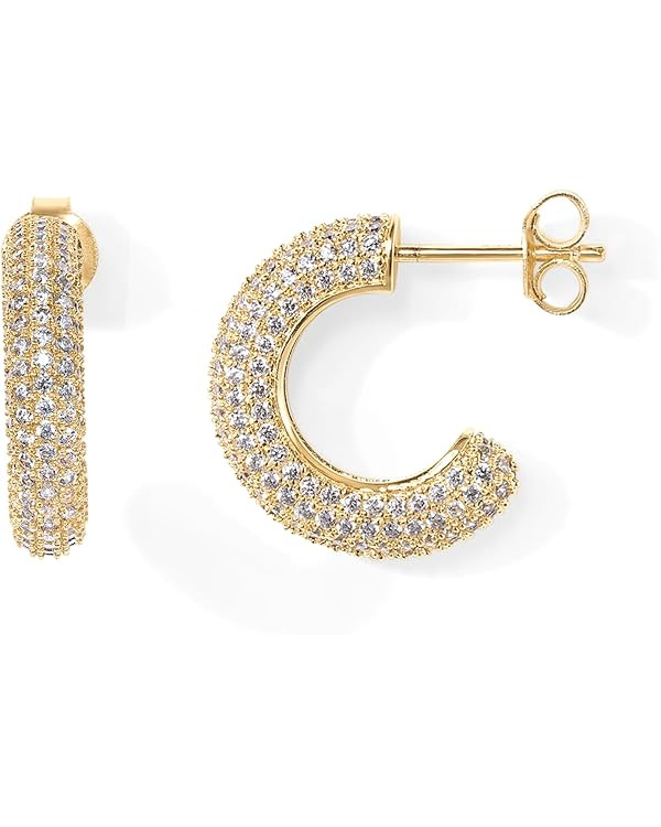 PAVOI 14K Gold Plated 925 Sterling Silver Post Cubic Zirconia Chunky Hoop Earrings | Thick Lightw... | Amazon (US)