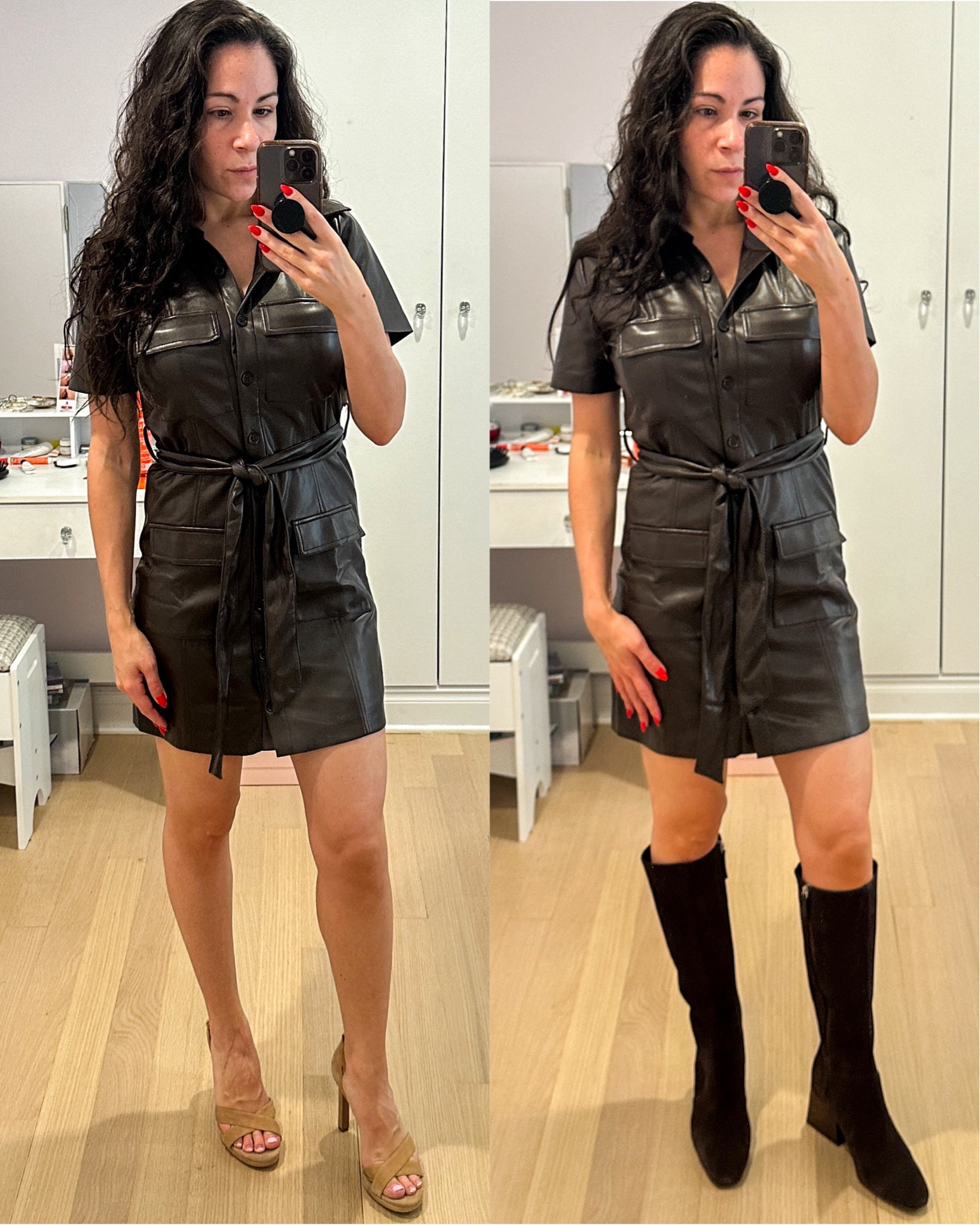 Two ways to wear this beautiful leather style brown dress. With heels for the summer, or swap in some knee high brown suede boots for fall. The dress is currently on sale. 

#LTKSeasonal #LTKTravel #LTKFindsUnder100