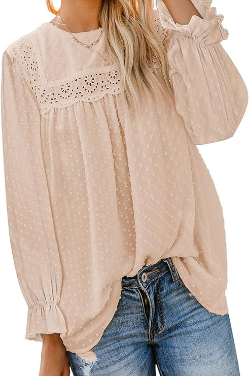 AMKOYAM Women's Long Sleeve Crewneck Lace Crochet Chiffon Tops Casual Flowy Solid Color Swiss Dot... | Amazon (US)