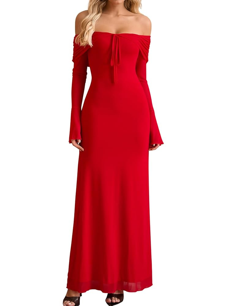 KUTUMAI Elegant Off Shoulder Long Sleeve Maxi Dress Bodycon Tie Formal Wedding Guest Dresses for ... | Amazon (US)