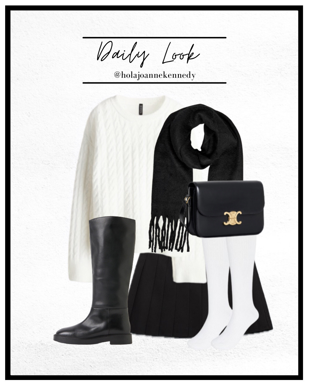 winter outfit idea, cable knit jumper, pleated mini skirt, winter outfits, chunky scarf, riding boots, knee high socks outfit, cosy outfit ideas, cosy but put together, monochrome outfit, black and white outfit idea 

#LTKwinter #LTKeurope #LTKuk