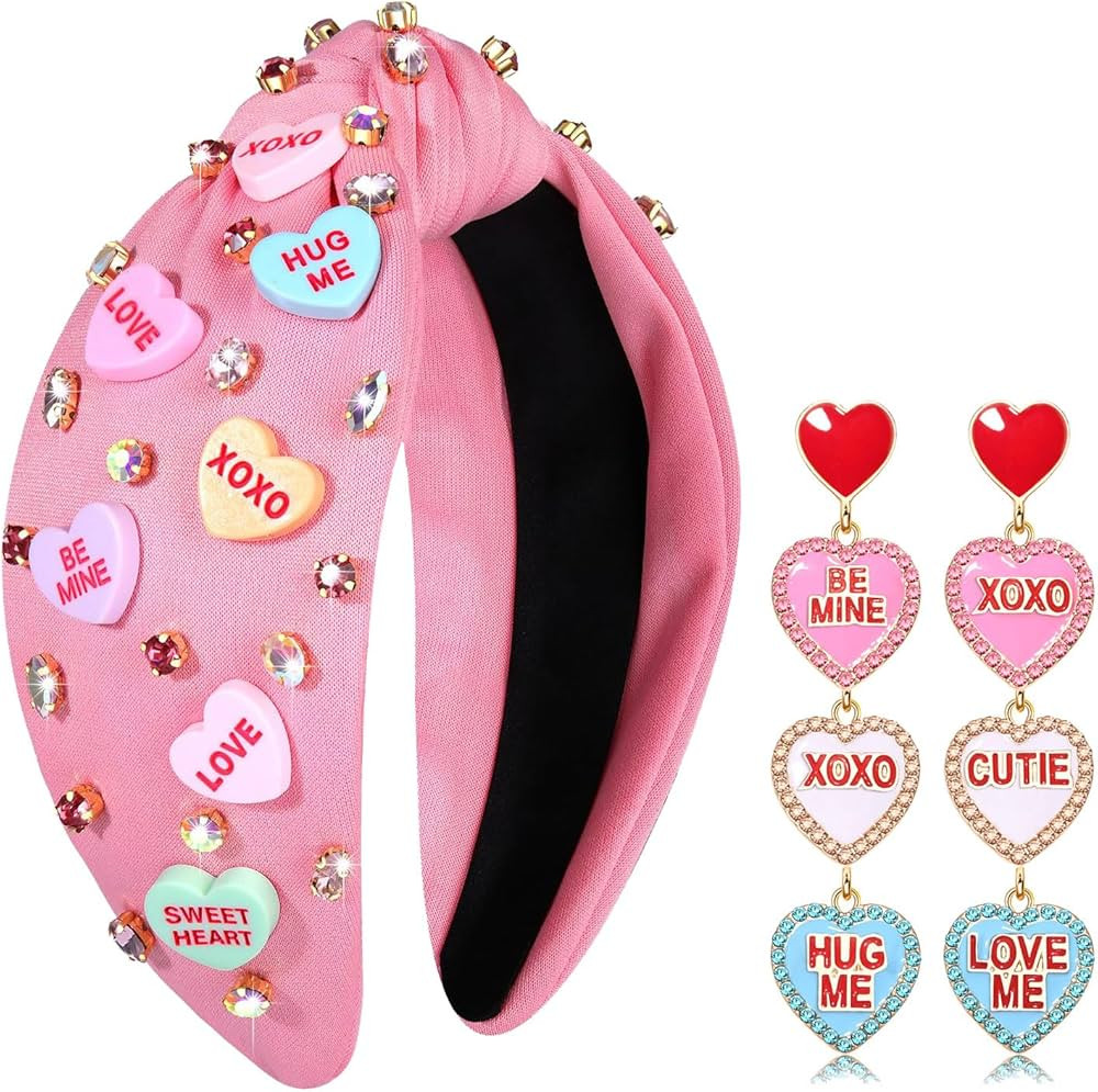 Valentine’s Day Headband for Women Love XOXO Heart Headbands Jeweled Conversation Heart Knotted... | Amazon (US)