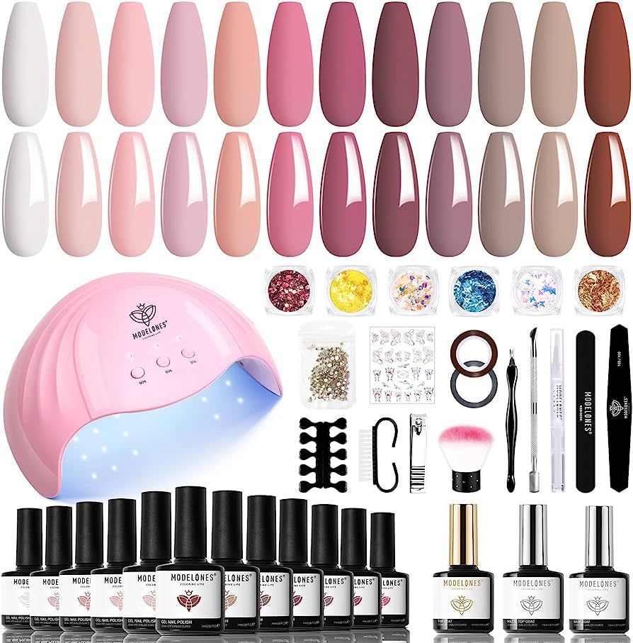 Modelones 35 Psc Gel Nail Polish Kit with U V Light 48W Nail Dryer 12 Colors White Pastel Pink Ge... | Amazon (US)