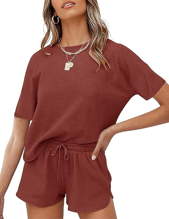 2 Piece Pajamas Set For Summer Waffle Knit Short Sleeve Top and Shorts Loungewear Athletic Tracks... | Amazon (US)