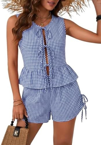 2 Piece Sets for Women Summer Outfits Tie Front Tops for Women Trendy Gingham Shorts Sleeveless B... | Amazon (US)