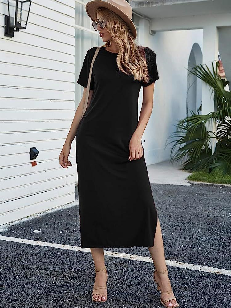 Naggoo Women's Short Sleeve Split Maxi Dress Casual Plain Tie Dye Print Tshirt Long Dresses with Poc | Amazon (US)