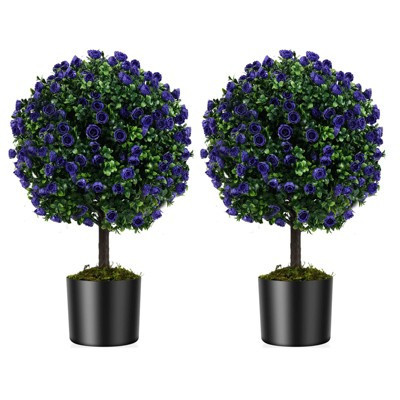 Costway Set of 2 Artificial Purple Rose Topiary Ball Trees 22" Faux Boxwood Ball Tree | Target