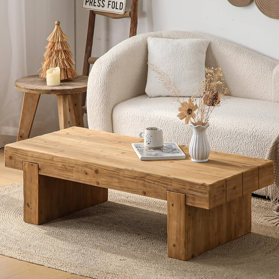 Wooden Coffee Table, 47.6" Rectangle Mid Century Modern Wood Center Table, Farmhouse Solid Firwoo... | Amazon (US)