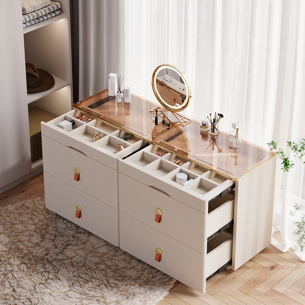 47"W Modern Glass Champagne Dresser 6 Drawer Closet Island with Jewelry Display Storage | Homary