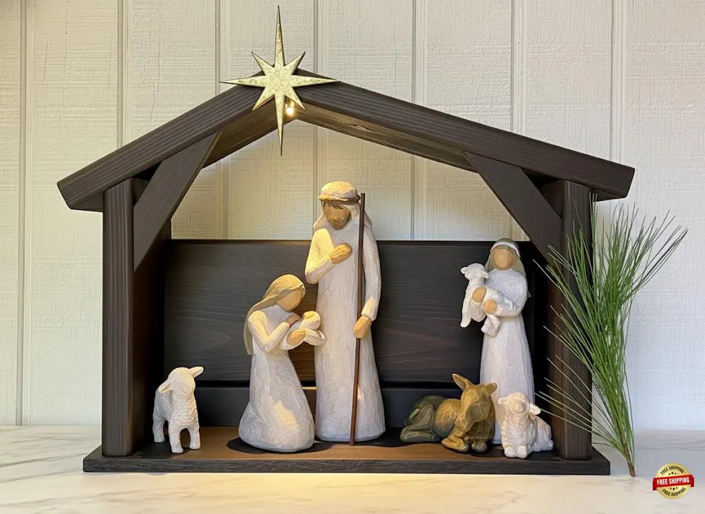 Lighted Wooden Nativity Stable Creche, Handmade Manger with LED Light, Compatible with Willow Tree Nativity Set, Rustic Christmas Decoration | Etsy (Global)
