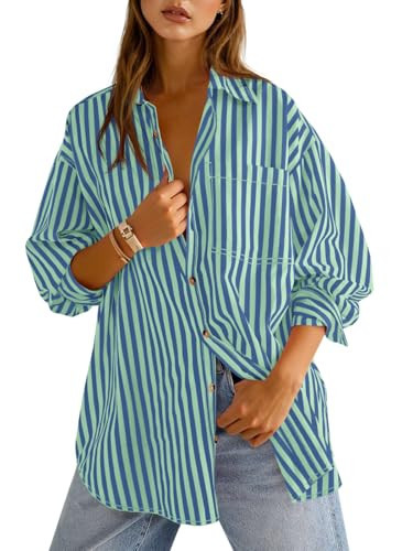 Cicy Bell Womens Oversized Striped Button Down Shirts Boyfriend Long Sleeve Collared Work Blouses Blue Green | Amazon (US)