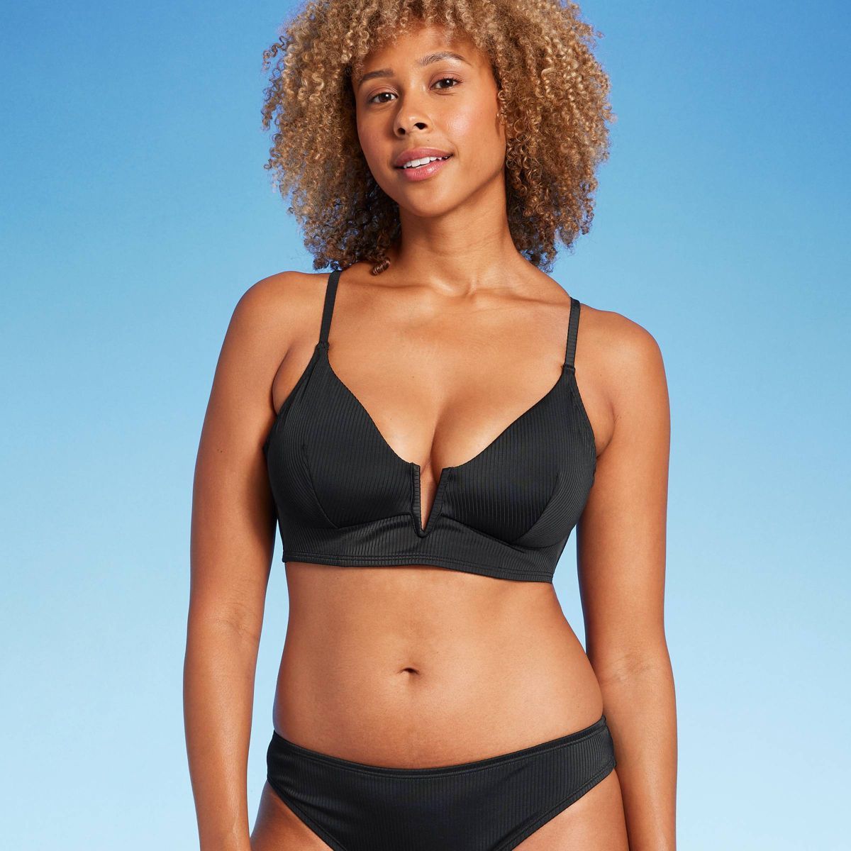 Women's Ribbed Longline V-Wire Bikini Top - Shade & Shore™ Black 36DD | Target