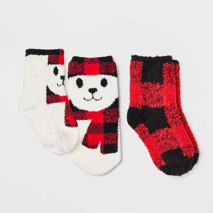 Toddler Buffalo Check Plaid Bear 2pk Cozy Crew Socks with Gift Card Holder - Wondershop™ White/... | Target