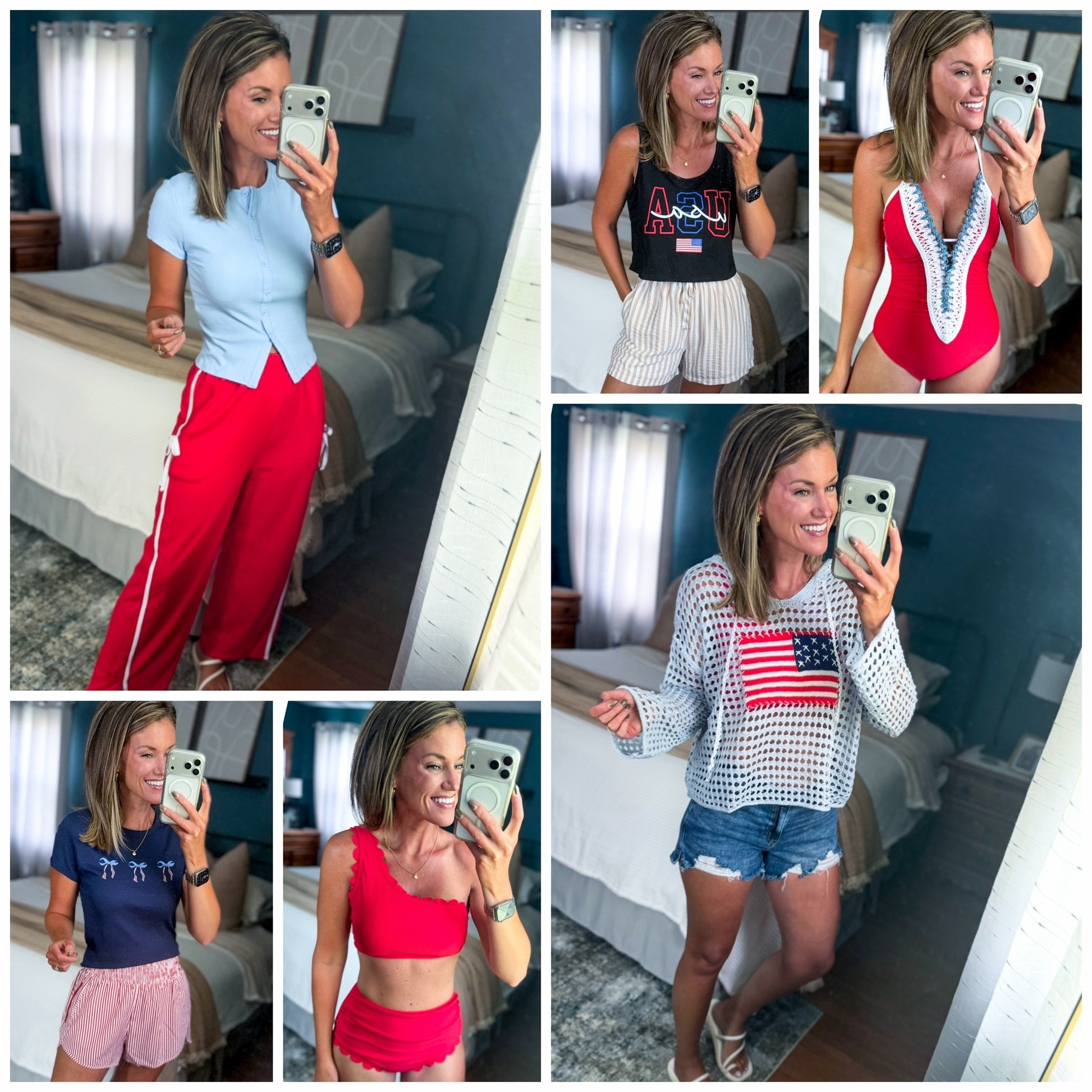 🇺🇸 The 4th is less than a week away. If you need a last minute outfit idea, here ya go!! 
Tees/ small
Pants and shorts/ medium
Swimsuits/ medium

#LTKSeasonal #LTKSaleAlert #LTKOver40
