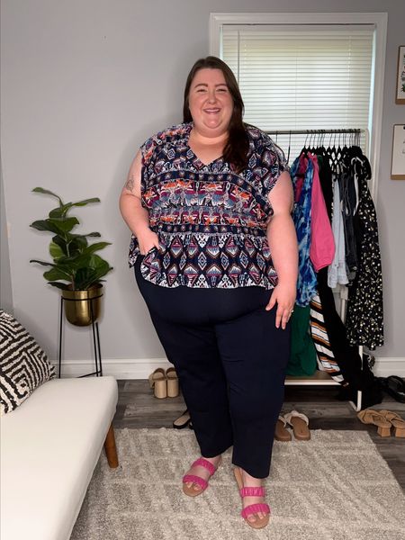 Plus Size Teacher Outfits! Caroline is wearing a look from Old Navy here! Extra high-waisted pull-on ankle pants in a size 4X, waist-defined printed top in a size 4X, and a pair of faux leather ruched sandals (sized up in these since they aren't wide width and they fit great!)

#LTKBacktoSchool #LTKcurves #LTKSeasonal