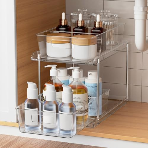 Fabspace Pull-Out Home Organizers, 2 Tier Clear Bathroom Organizer with Dividers, Multipurpose Vanity Counter Tray, Kitchen, Closet Organizers and Storage Container Bins for Cabinet, Pantry | Amazon (US)