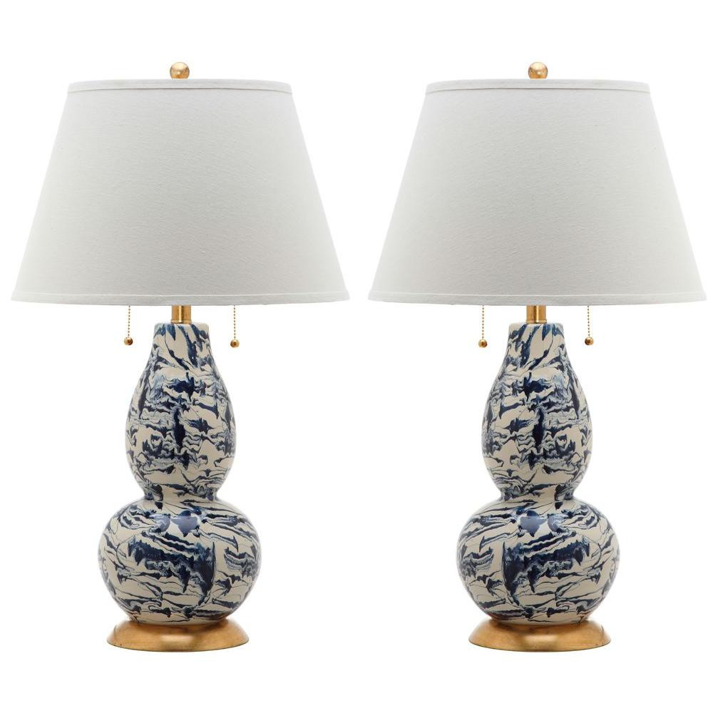 Color 28.5 in. Navy/White Swirl Glass Table Lamp with White Shade (Set of 2) | The Home Depot