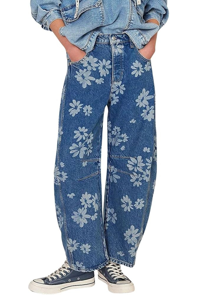 loveimgs Women Y2k Distressed Barrel Jeans Baggy Wide Leg Jeans Floral Printed Boyfriend Patchwor... | Amazon (US)