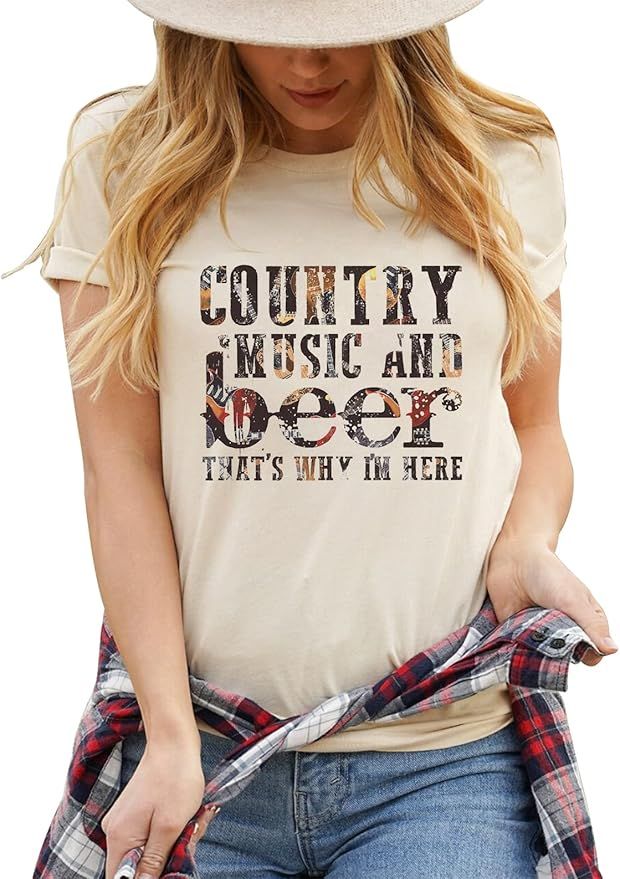 Country Music and Beer Funny Drinking Shirt for Women Summer Vacation T Shirts Vintage Country Sh... | Amazon (US)