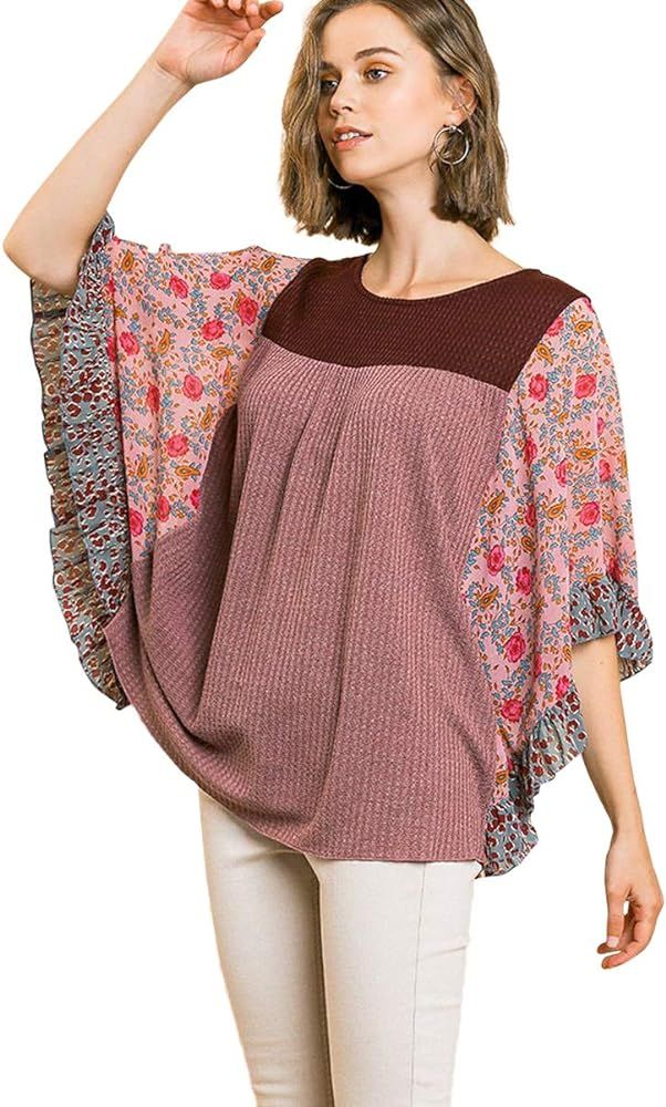 Umgee Women's Floral Mixed Print Waffle Knit Top | Amazon (US)