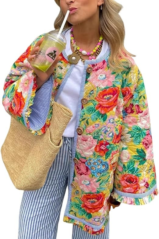 Yimoon Women's Quilted Jacket Lightweight Floral Print Cropped Puffer Coat Short Padded Open Fron... | Amazon (US)