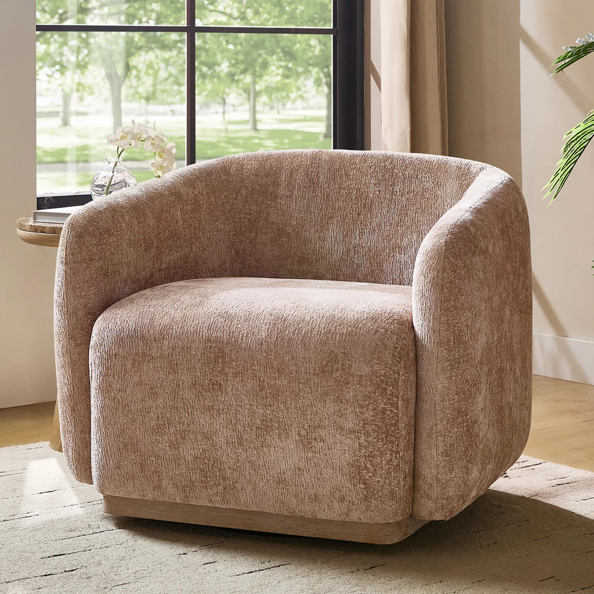 Berklie 35"W Modern Boucle Chenille Swivel Armchair with Solid Wood Base | Wayfair North America
