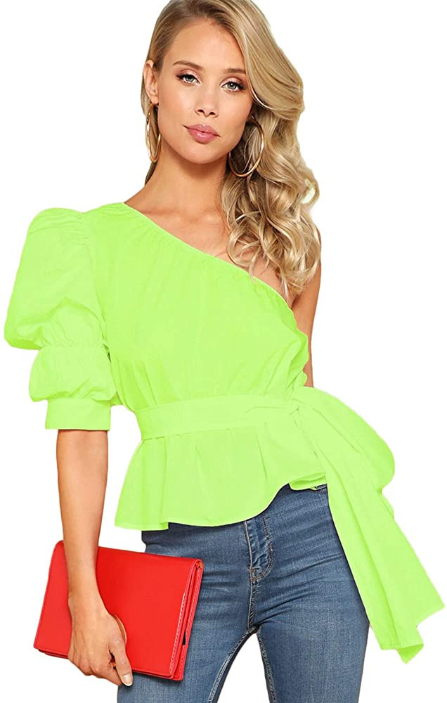 Romwe Women's One Shoulder Short Puff Sleeve Self Belted Solid Blouse Top | Amazon (US)