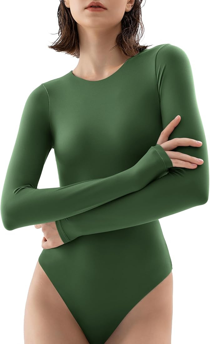 PUMIEY Women's Crew Neck Long Sleeve Bodysuit Second-skin Feel Tops Smoke Cloud Collection | Amazon (US)