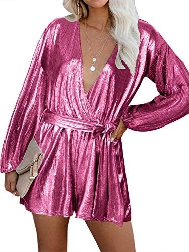 YOINS Sequin Rompers for Women Long Sleeve Jumpsuits V Neck Playsuits Bandage Sparkle Metallic Pa... | Amazon (US)