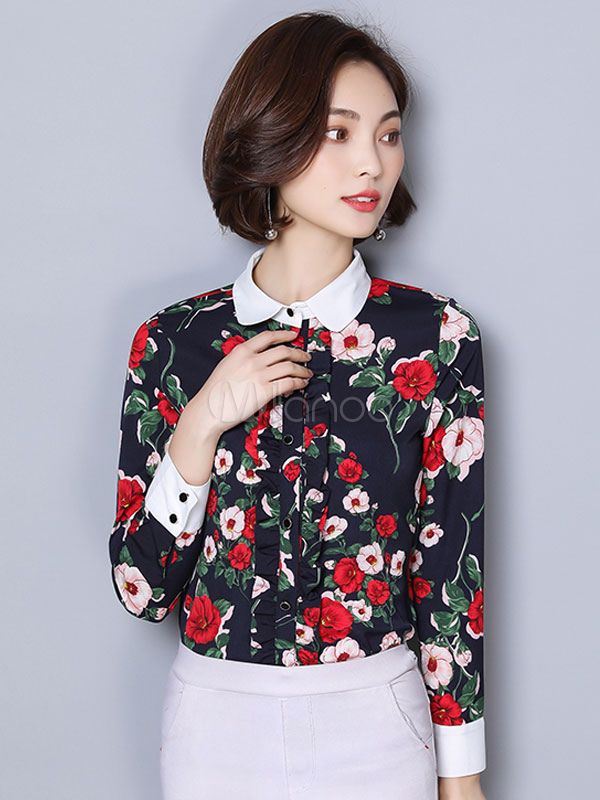 Women Floral Top Turndown Collar Long Sleeve Chiffon Blouse Black Casual Shirt | Milanoo