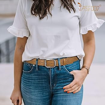 JASGOOD Women's Hollow Flower Genuine Leather Belt for Jeans Pants Wide Belt for Ladies | Amazon (US)